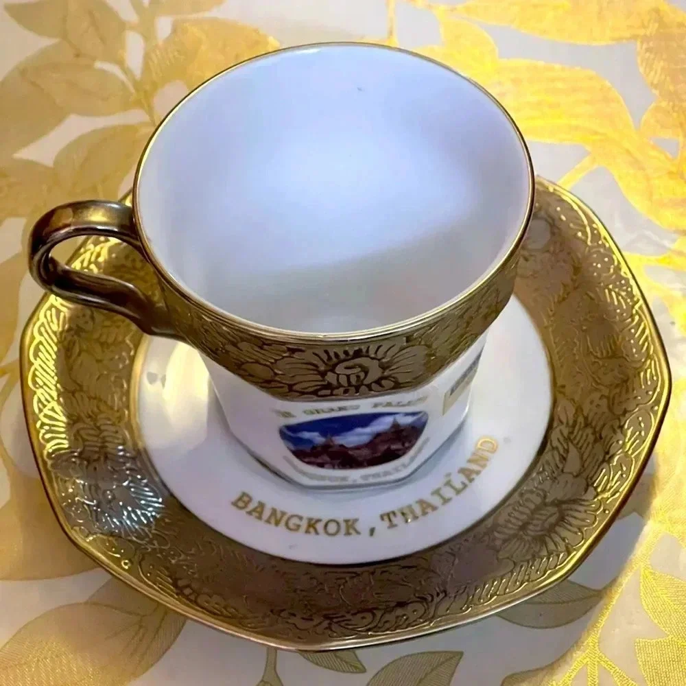 Vintage Bangkok Thailand hand painted cup and soccer white gold